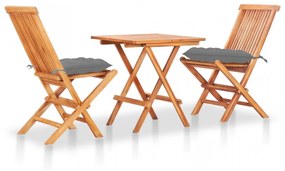 Set mobilier de bistro cu perne gri, 3 piese, lemn masiv de tec