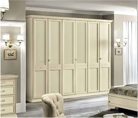 Dulap lemn masiv crem 6 Uși Bologna Patinat, 291 × 65 × 240 cm - Cu patru usi cu oglinzi