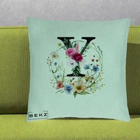 Cadou Personalizat - Perna Personalizata Monograma Florala Litera Y cu Coroana, 40x40 cm, Verde Menta, Husa Detasabila, Perna Inclusa, BEKZ®