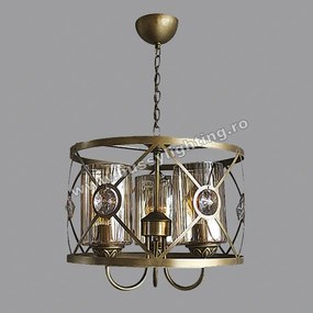 Lustra Selero cu 3 Brate, Desing Vintage, Finisaj Bronz Antichizat, Abajur Amber - Bussy Lighting 0341-52-03