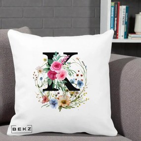 Cadou Personalizat - Perna Personalizata Monogram Litera K cu Flori Acuarela, 40x40 cm, Alba Mata, Husa Detasabila, Perna Inclusa, BEKZ®
