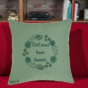 Cadou pentru Bunic - Perna Personalizata Cel Mai Bun Bunic Coronita Flori Albastre Teal, 40x40 cm, Verde, Husa Detasabila, Perna Inclusa, BEKZ®