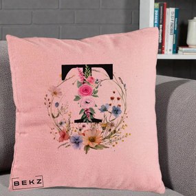 Cadou Personalizat - Perna Personalizata Monogram Litera T cu Flori Acuarela, 40x40 cm, Roz, Husa Detasabila, Perna Inclusa, BEKZ®
