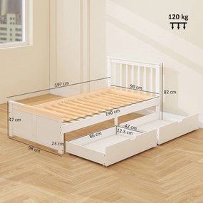 HOMCOM Cadru de pat 90x190cm din lemn masiv,  2 sertare pe roți, tăblie, picior de pat, somier cu lamele, alb | Aosom Romania