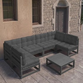 3077183 vidaXL Set mobilier grădină cu perne, 7 piese, negru, lemn masiv pin