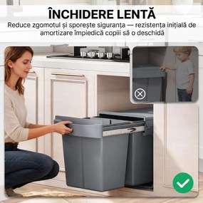 HOMCOM Coș de gunoi retractabil sub chiuvetă, 2 găleți de 20L, Gri | Aosom Romania