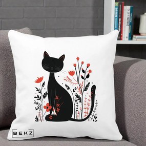Perna Decorativa Pisica Neagra Flori Rosii Folk Minimal, 40x40 cm, Alba Mata, Husa Detasabila, Perna Inclusa, BEKZ®