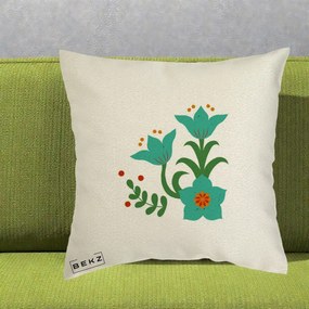 Perna Decorativa Flori Stilizate Folk Turcoaz, 40x40 cm, Ecru, Husa Detasabila, Perna Inclusa, BEKZ®