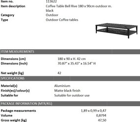 Masuta pentru interior si exterior Bell Rive negru, 180x90cm 113622 HZ