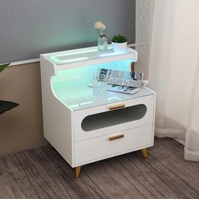 RESIGILAT- Noptieră inteligentă multifunctională, lumină LED RGB, încarcare wireless, 2 sertare, sticlă securizată, Alb