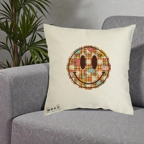 Perna Decorativa Smiley Face de Toamna cu Tartan si Dovlecei, 40x40 cm, Ecru, Husa Detasabila, Perna Inclusa, BEKZ®