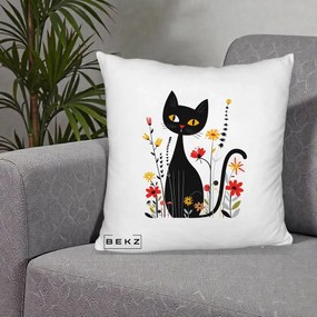Perna Decorativa Pisica Neagra Ochi Galbeni Flori, 40x40 cm, Alb Pufos, Husa Detasabila, Perna Inclusa, BEKZ®