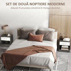 HOMCOM Set 2 Noptiere Moderne cu Raft Deschis și Sertar Alb Gri închis | Aosom Romania