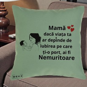 Cadou pentru Mama - Perna Personalizata Mama Nemuritoare Imbratisare Copil, 40x40 cm, Verde, Husa Detasabila, Perna Inclusa, BEKZ®