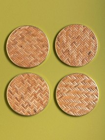 Set 4 suporturi pentru pahare din ratan împletit artizanal, bordură aurie, natur, 10 cm, „Rivan"