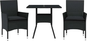 vidaXL Set mobilier de grădină cu perne 3 piese negru poliratan&sticlă