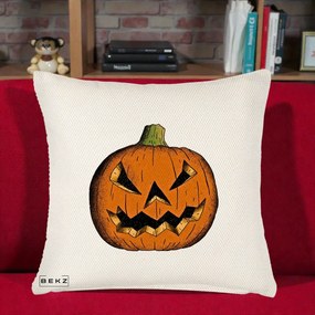 Perna Decorativa Halloween Dovleac Portocaliu Clasic, 40x40 cm, Crem Reliefat, Husa Detasabila, Perna Inclusa, BEKZ®