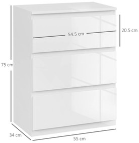 HOMCOM Comoda cu 3 Sertare Comoda de Dormitor Moderna cu Design Anti-rasturnare 55x34x75 cm Alb Lucios | Aosom Romania