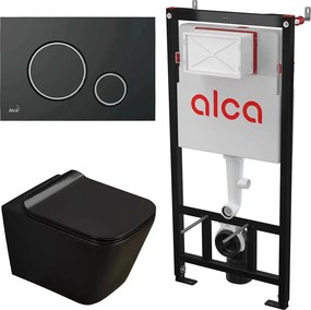 Set rezervor WC cu cadru incastrat Alcadrain AM101/1120 si clapeta M778 negru plus vas WC Fluminia Paris cu capac softclose