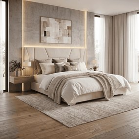 Pat cu somieră şi iluminare LED, 160x200, ţesătură Velvet bej, ALTESA