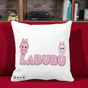 Perna Personalizata Labubu Duo Roz-Lila cu Text, 40x40 cm, Alba Mata, Husa Detasabila, Perna Inclusa, BEKZ®