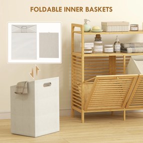 HOMCOM Mobilier pentru Rufe de Baie cu 2 Compartimente Basculante, 82L, Suport pentru Rufe Murdare din Bambus cu Coșuri Detașabile și Lavabile și 2 Rafturi, pentru Spălătorie și Baie, 82x33x88 cm, Culoare Lemn | Aosom Romania