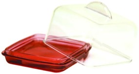 Suport sticla cu capac transparent pentru  branza, 10x10x8 cm, rosu