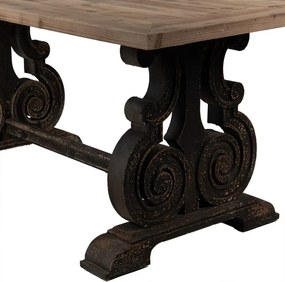 Masă dining shabby chic dreptunghiulară din lemn, natur, 8 locuri, cu bază în volute, finisaj negru antichizat, 78 x 180 x 90 cm, „Château”
