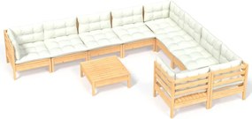 vidaXL Set mobilier grădină cu perne crem, 10 piese, lemn de pin