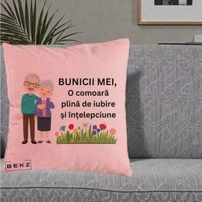 Cadou pentru Bunici - Perna Personalizata Bunicii Mei Comoara Cuplu Senior cu Flori Colorat, 40x40 cm, Roz, Husa Detasabila, Perna Inclusa, BEKZ®