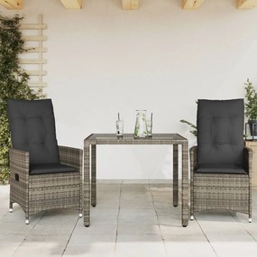 vidaXL Set bistro de grădină cu perne, 3 piese, gri, poliratan