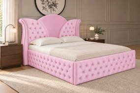 Pat tapițat Chesterfield din catifea Velora Deluxe 160×200 cm, roz, cu ladă de depozitare