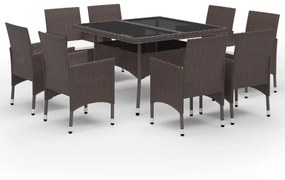 3058341 vidaXL Set mobilier grădină, 9 piese, maro, poliratan și sticlă