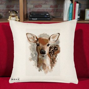 Perna Decorativa Caprioara Pui Acuarela, 40x40 cm, Crem Reliefat, Husa Detasabila, Perna Inclusa, BEKZ®