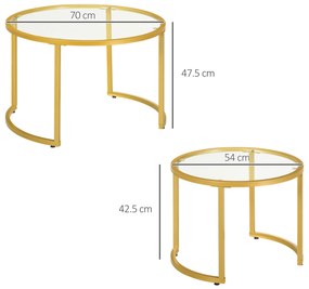 HOMCOM Set de 2 mese de cafea nesting rotunde blat sticlă securizată și picior din oțel carbon aur | Aosom Romania