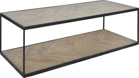 Măsuță de cafea dreptunghiulară din lemn reciclat și metal, natur și negru, model în spic cu raft, finisaj mat, 37 x 120 x 50 cm, „Versailles”