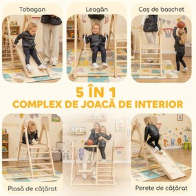 AIYAPLAY Set de Cățărare 5 în 1 cu Tobogan, 2 Pereți de Cățărare, Leagăn și Coș de Baschet, din Lemn, 140x172.5x116.5 cm | Aosom Romania