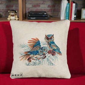 Perna Decorativa Bufnite de Iarna Albastre, 40x40 cm, Bej Canapea, Husa Detasabila, Perna Inclusa, BEKZ®