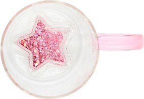 Cană cu model 3D steluță roz, pereți dubli, sticlă borosilicată și inserție de sclipici, 300 ml, Aurora Glow