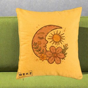 Perna Personalizata Luna si Soare Floral Boho, 40x40 cm, Galben, Husa Detasabila, Perna Inclusa, BEKZ®