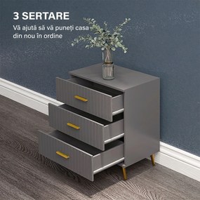 HOMCOM Comodă pentru Dormitor, Dulap Modern cu 3 Sertare,  Sertar de Depozitare cu Picioare din Aluminiu, 60x40x71.5 cm, Gri Închis
