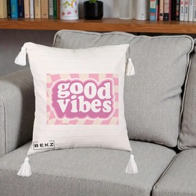 Perna Decorativa Good Vibes Retro Roz, 40x40 cm, Bej cu Franjuri, Husa Detasabila, Perna Inclusa, BEKZ®