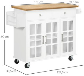 HOMCOM Cărucior de bucătărie cu roți Insulă de bucătărie cu 2 sertare 3 uși din sticlă securizată suport prosop 124,5x39,5x90 cm Alb | Aosom Romania