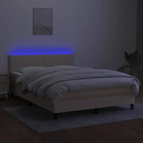 Pat cu arcuri, saltea si LED, crem, 140x190 cm, textil Crem, 140 x 190 cm, Design simplu