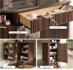 SEM22 - Set Masa toaleta pe colt, 122 cm, cosmetica machiaj, oglinda tripla LED, masuta vanity cu Priza si USB-C - Maro