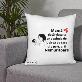 Cadou pentru Mama - Perna Personalizata Mama Nemuritoare Imbratisare Copil, 40x40 cm, Alb Pufos, Husa Detasabila, Perna Inclusa, BEKZ®