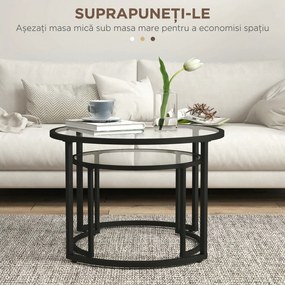 HOMCOM Set de 2 Mese de Cafea Suprapozabile din Sticlă și Oțel, Ø70x47.5 cm și Ø54x42.5 cm, Negru | Aosom Romania