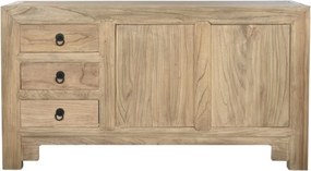 Bufet rustic din lemn masiv de ulm, natur, cu 2 uși cu panouri, 3 sertare și mânere cu inel, 81 x 145 x 40 cm, „Étable”