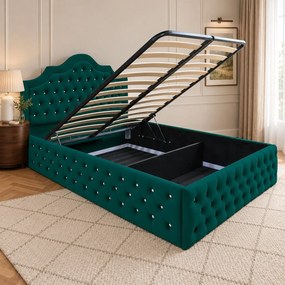 Pat tapițat Chesterfield din catifea Imperio Deluxe 140×200 cm, verde, cu ladă de depozitare