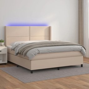 3139342 vidaXL Pat cu arcuri, cu saltea și LED cappuccino 180x200 cm piele eco